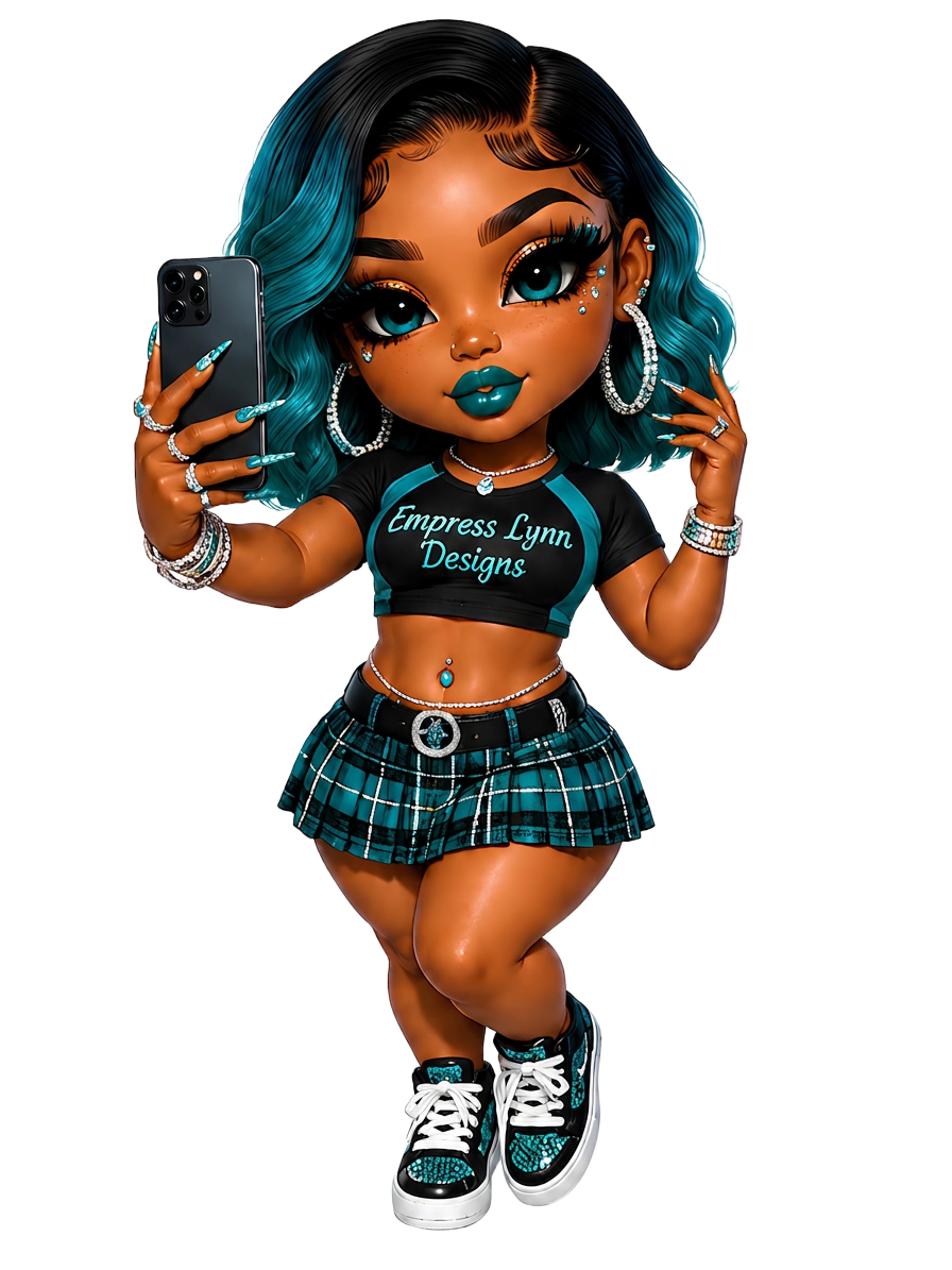 Empress Lynn Designs brand character holding a phone