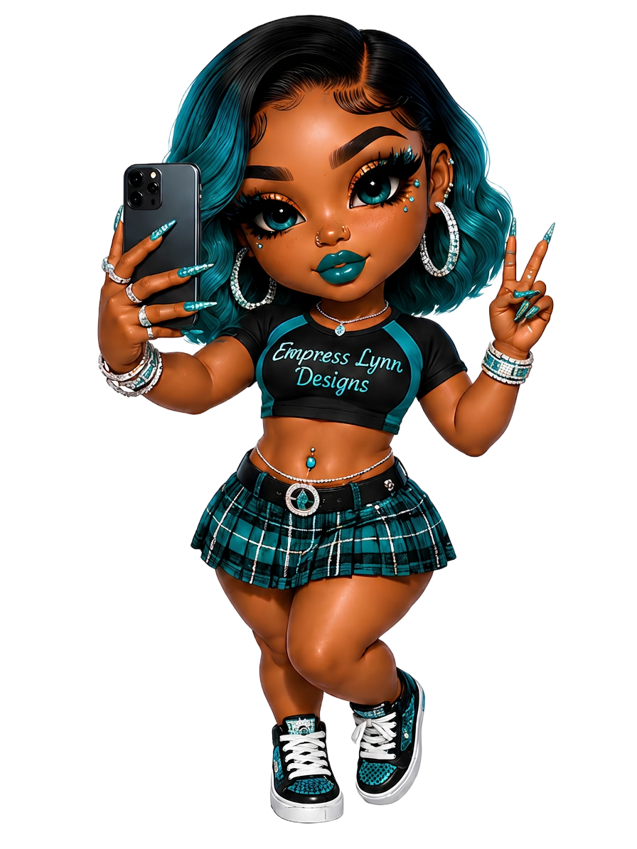 Empress Lynn Designs character presenting gang sheet designs